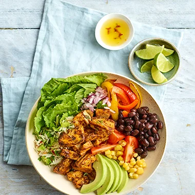 Ariel view of Portuguese-style Vegan Burrito Bowl Recipe with Fillet Pieces