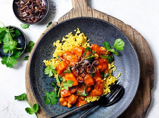 Sweet potato vegan curry served on a plate