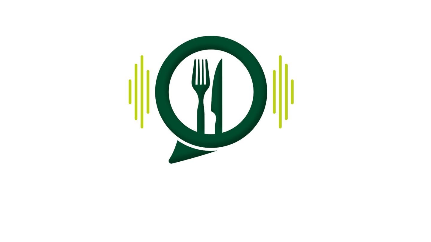 A green fork and knife in a quotation bubble