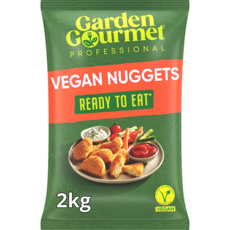 A 2kg bag of Garden Gourmet professional vegan nuggets, labeled "Ready to Eat," with a serving of nuggets and dipping sauces
